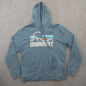 Marmot Hoodie Sweatshirt Mens Large Blue Graphic Print Logo Pullover Kangaroo